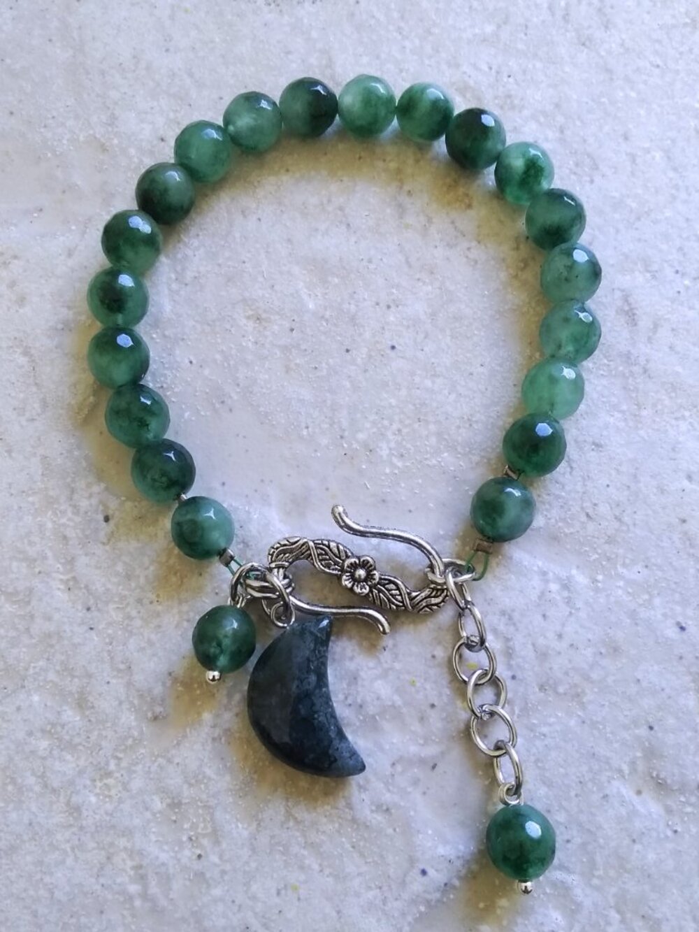 Handmade! Green Agate Bracelet w. Crescent Moon Charm + Easy Floral S-Hook Clasp